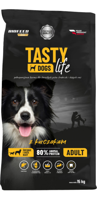 Karma Sucha Dla Psa z Kurczakiem Tasty Dogs Life Adult Średnie & Duże Psy 15kg Biofeed