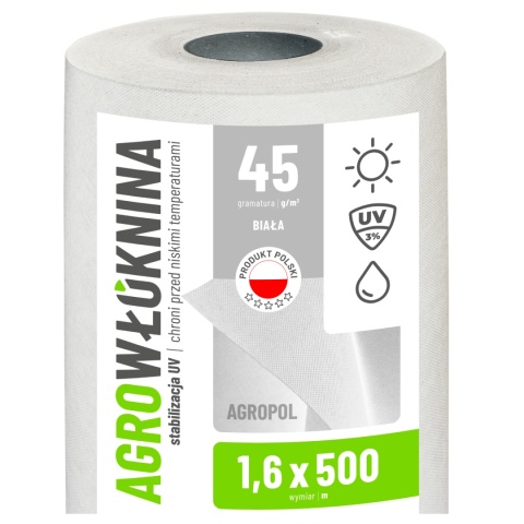 Agrowłóknina Biała 45g/m2 UV 1,6m x 500mb AgroPol